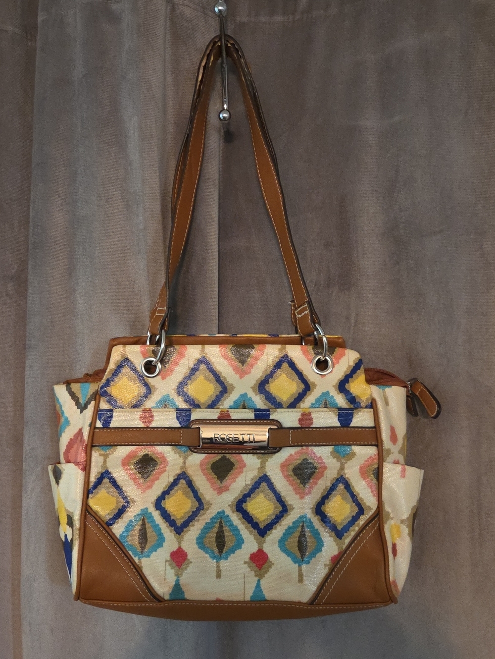 Rosetti Multicolor Geometric Canvas Shoulder Bag with Tan Trim